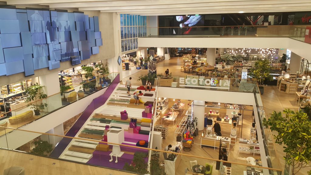 Siam Discovery 商場中庭俯瞰視角，多層樓生活風格選品區與 ECOTOPIA 展區，展現創新設計零售空間氛圍
